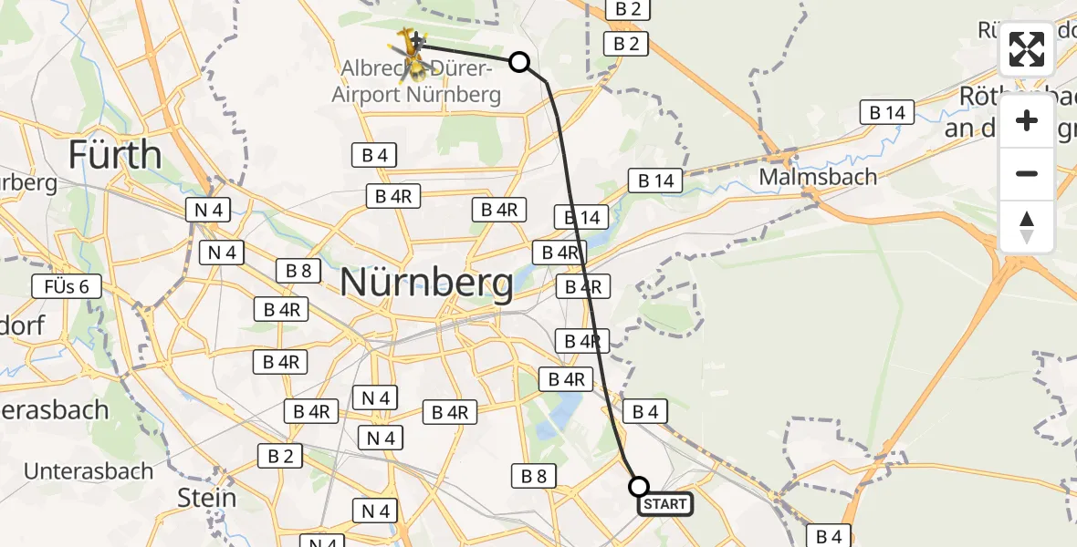 Flugroute Ambulanzhubschrauber Nürnberg South Hospital - Flughafen Nuremberg, 24 April 2026, 11:01