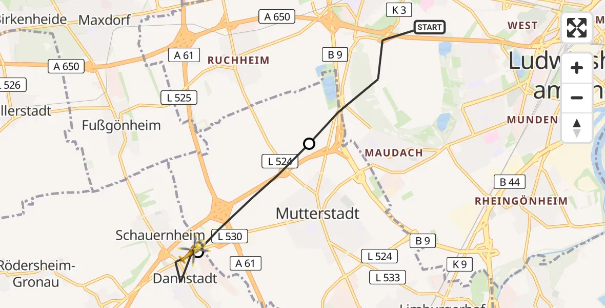 Flugroute Rettungshubschrauber Ludwigshafen am Rhein - Dannstadt-Schauernheim, 24 April 2026, 11:05