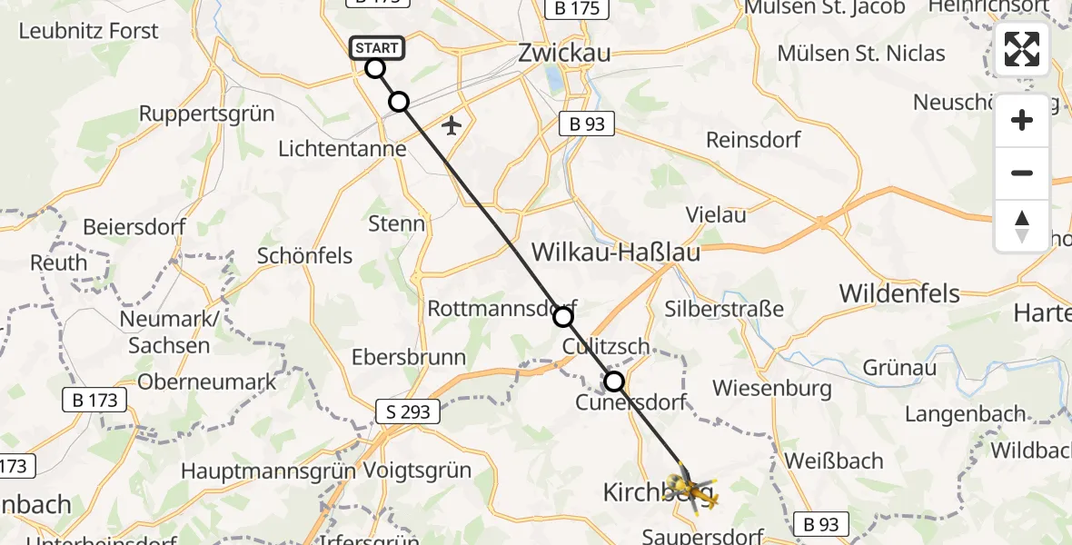Flugroute Rettungshubschrauber ADAC Air Rescue Station Zwickau Hubschrauberlandeplatz - Kirchberg, 24 April 2026, 11:08