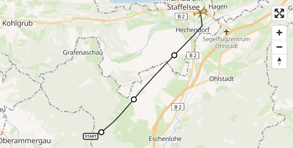 Flugroute Rettungshubschrauber Oberammergau - Murnau Accident Hospital, 24 April 2026, 11:09