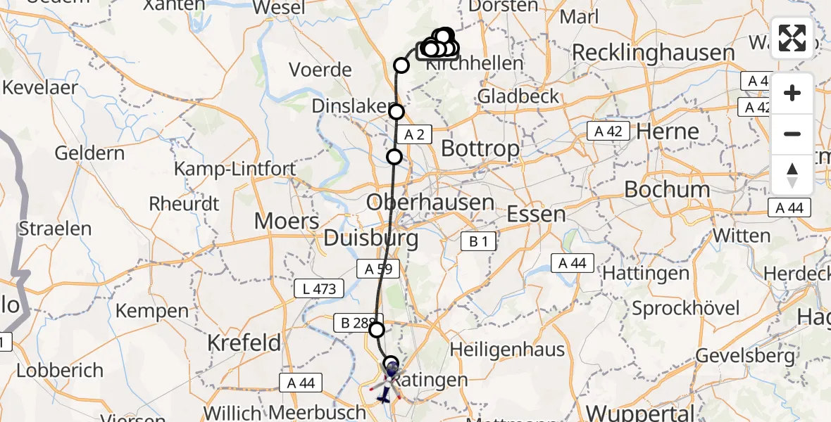 Flugroute Polizeihubschrauber Dinslaken-Schwarze Heide Flugplatz - Düsseldorf Flughafen, 24 April 2026, 11:13