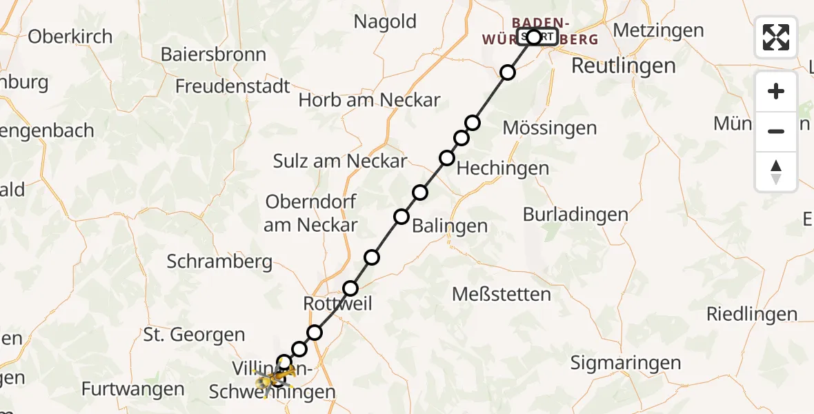Flugroute Rettungshubschrauber Tübingen Trauma Hospital - DRF Air Rescue Station Villingen-Schwenningen Hubschrauberlandeplatz (Christoph 11), 24 April 2026, 11:17