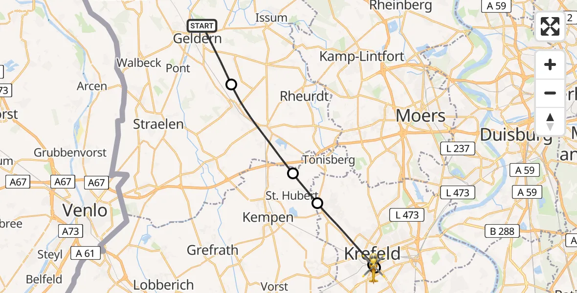 Flugroute Ambulanzhubschrauber Geldern - Helios Clinic Krefeld, 24 April 2026, 11:18