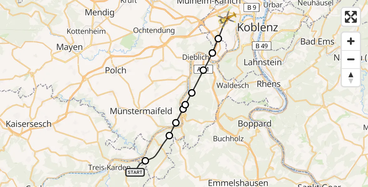 Flugroute Rettungshubschrauber Müden (Mosel) - Koblenz, 24 April 2026, 11:22