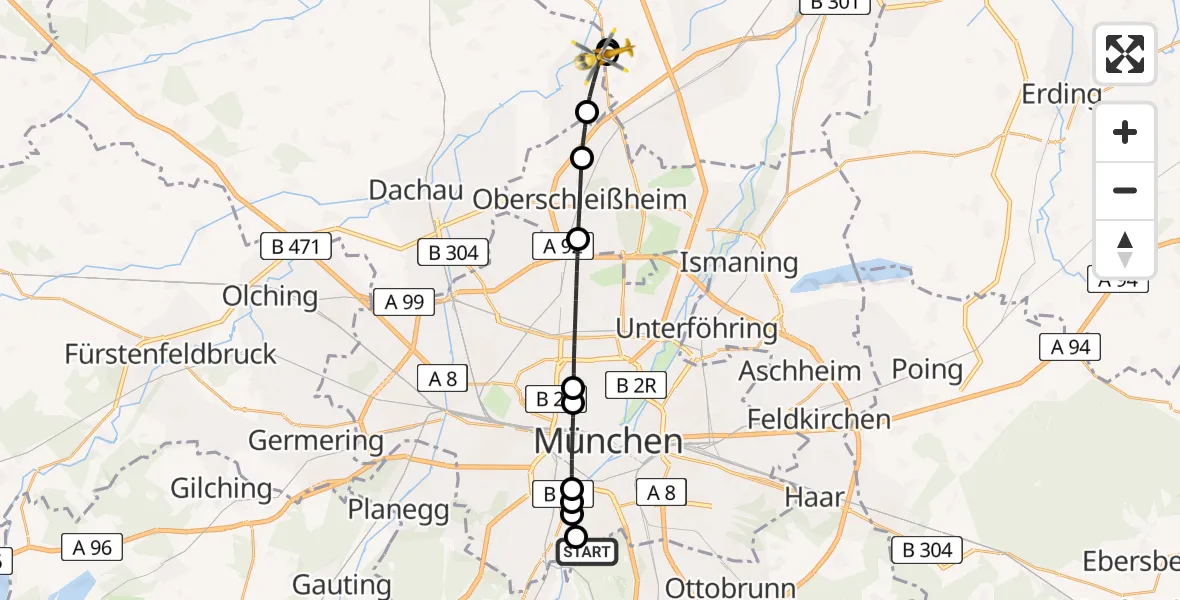 Flugroute Rettungshubschrauber ADAC Air Rescue Center Hubschrauberlandeplatz (Christoph 1) - Haimhausen, 24 April 2026, 11:22