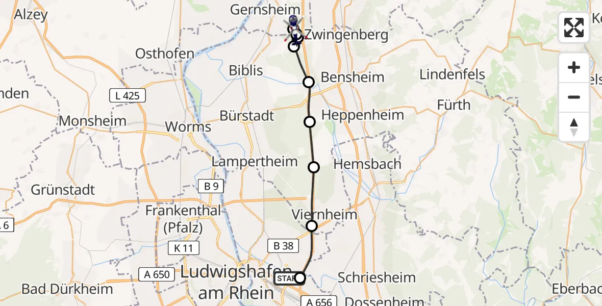 Flugroute Polizeihubschrauber Mannheim-City Flughafen - Gernsheim, 24 April 2026, 11:23