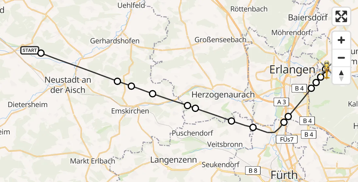 Flugroute Rettungshubschrauber Baudenbach - Uttenreuth, 24 April 2026, 11:37