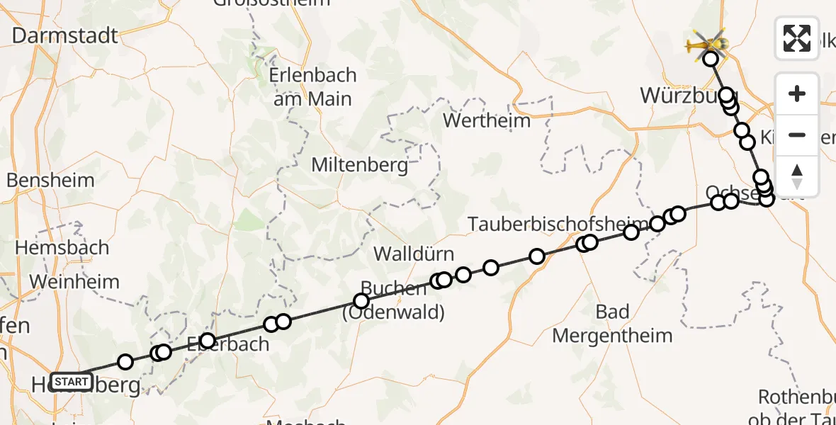Flugroute Rettungshubschrauber Heidelberg - Rimpar, 24 April 2026, 11:37