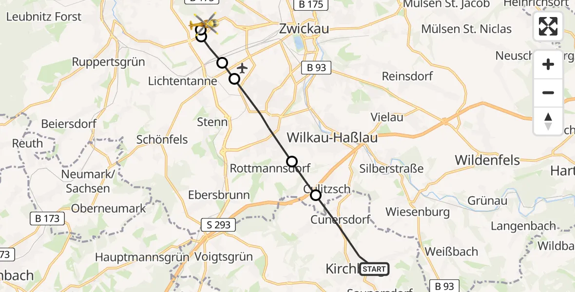 Flugroute Rettungshubschrauber Kirchberg - ADAC Air Rescue Station Zwickau Hubschrauberlandeplatz, 24 April 2026, 11:38