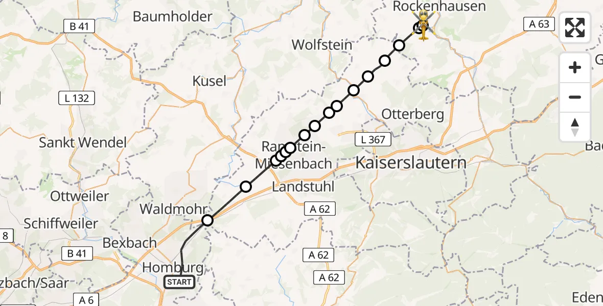 Flugroute Rettungshubschrauber Homburg - Imsweiler UL, 24 April 2026, 11:39