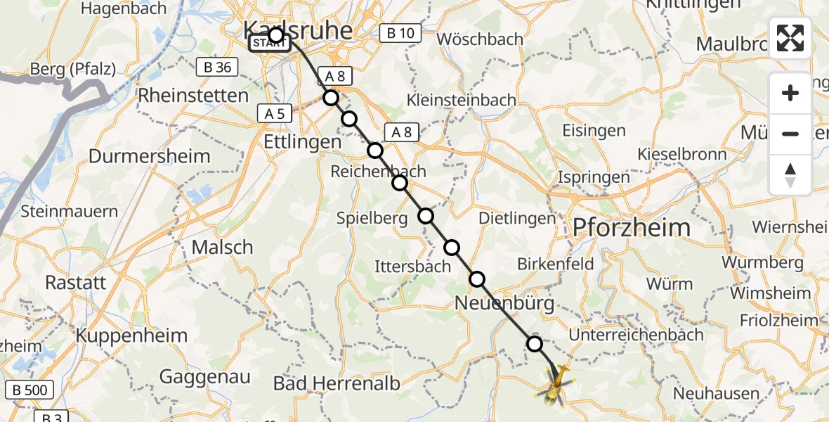 Flugroute Rettungshubschrauber Sankt Vincentius Hospital - Schömberg, 24 April 2026, 11:41