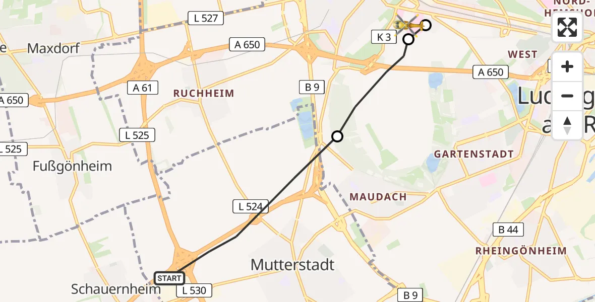 Flugroute Rettungshubschrauber Mutterstadt - Ludwigshafen Accident Hospital, 24 April 2026, 11:45