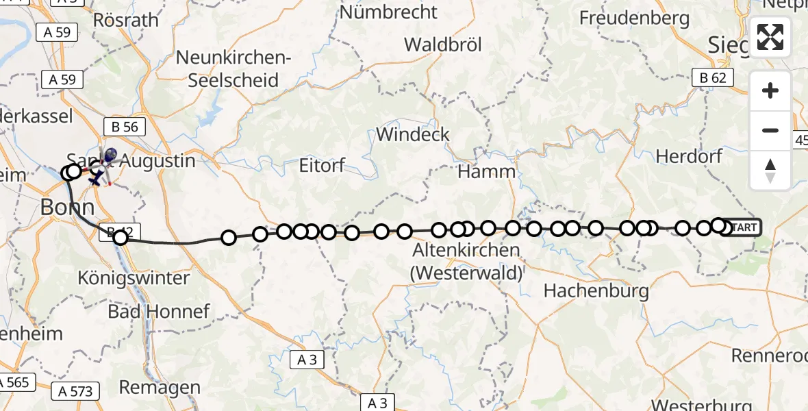 Flugroute Polizeihubschrauber Emmerzhausen - Sankt Augustin, 24 April 2026, 11:48