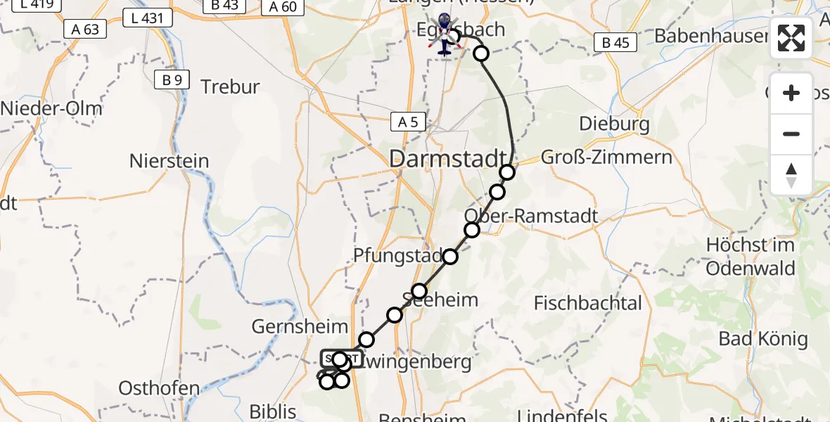 Flugroute Polizeihubschrauber Gernsheim - Flughafen Frankfurt-Egelsbach, 24 April 2026, 11:48