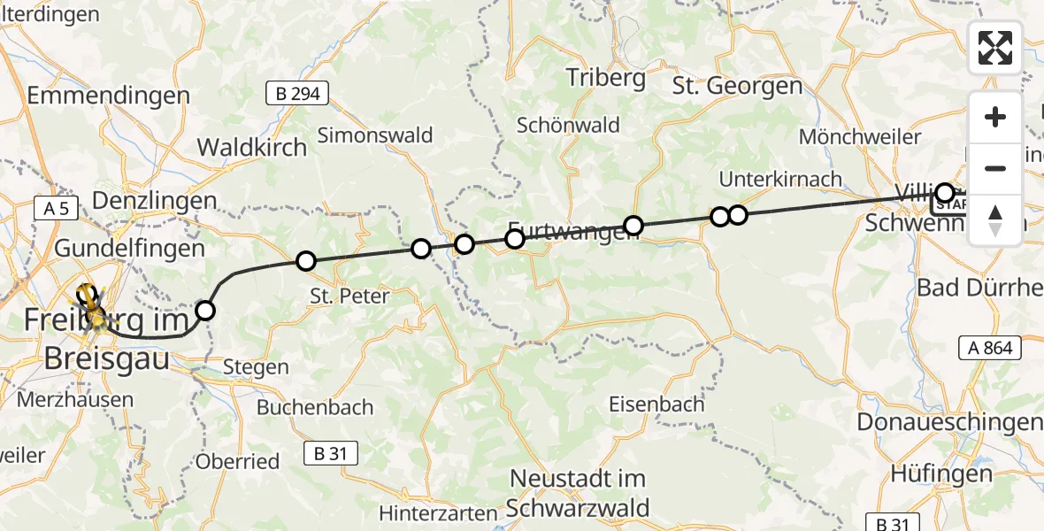Flugroute Rettungshubschrauber DRF Air Rescue Station Villingen-Schwenningen Hubschrauberlandeplatz (Christoph 11) - Freiburg University Hospital Hubschrauberlandeplatz 1, 24 April 2026, 11:52