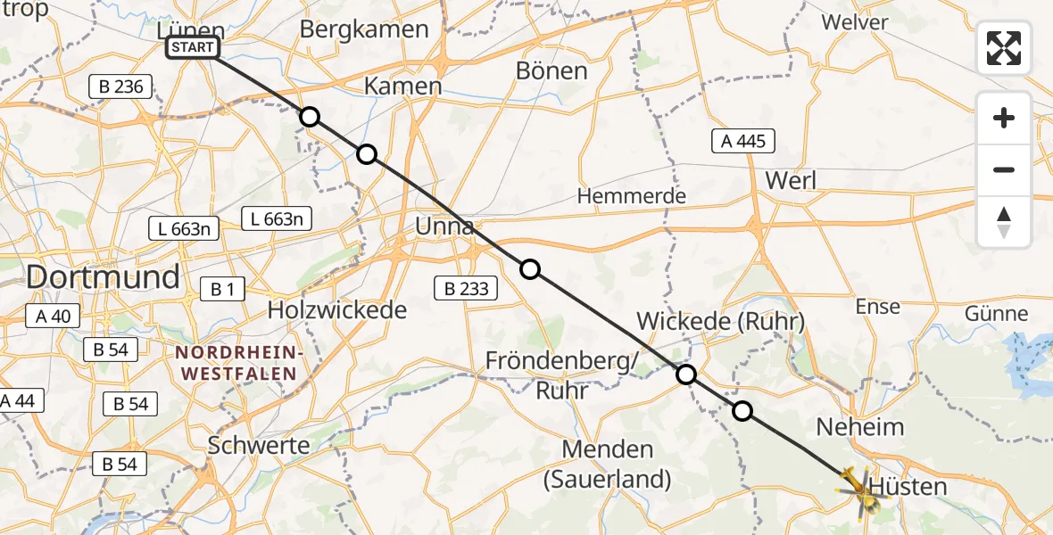 Flugroute Rettungshubschrauber Lünen - Arnsberg, 24 April 2026, 11:57