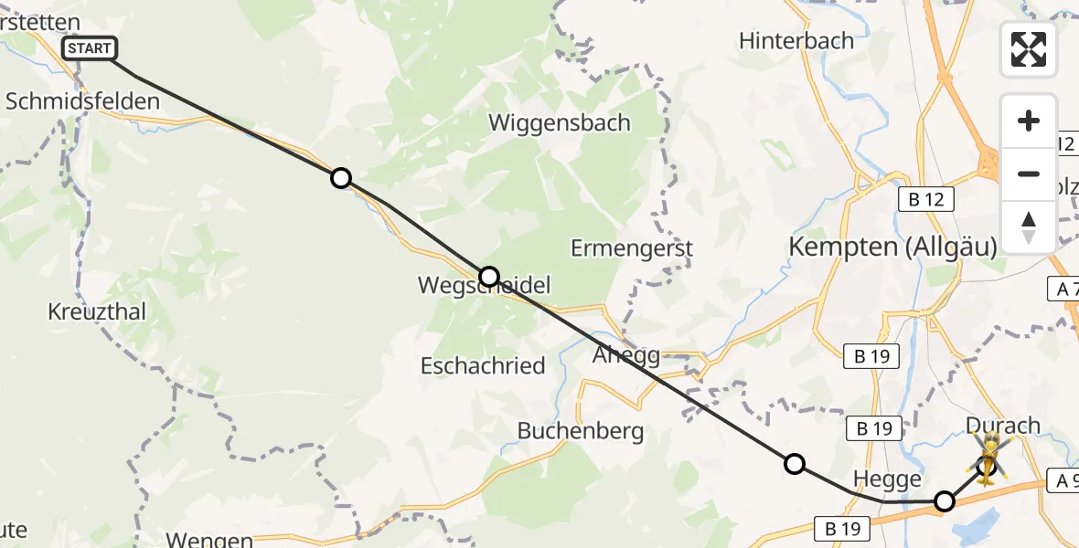 Flugroute Rettungshubschrauber Altusried - Kempten-Durach Flugplatz, 24 April 2026, 11:59