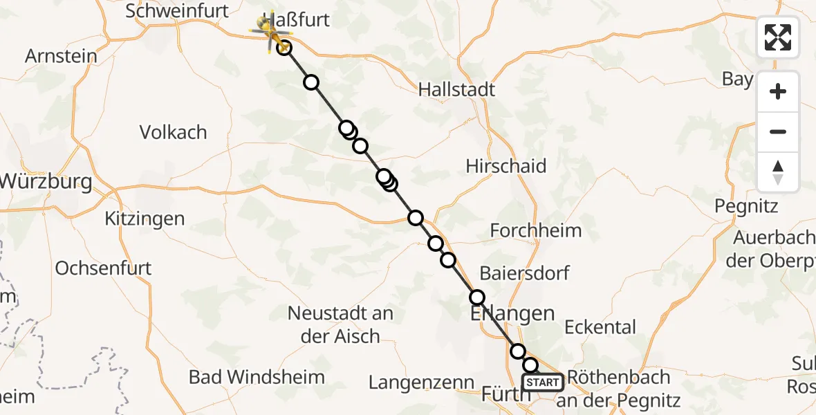 Flugroute Ambulanzhubschrauber Flughafen Nuremberg - Wonfurt, 24 April 2026, 12:00