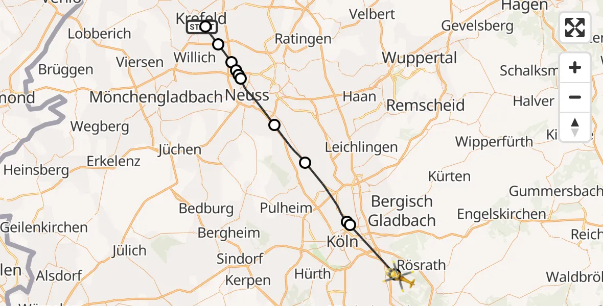 Flugroute Ambulanzhubschrauber Helios Clinic Krefeld - Köln Bonn Flughafen, 24 April 2026, 12:01