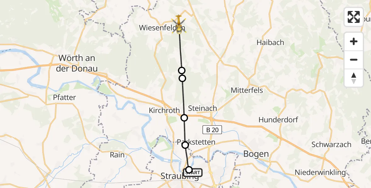 Flugroute Rettungshubschrauber Sankt Elisabeth Hospital Straubing - Wiesenfelden, 24 April 2026, 12:07