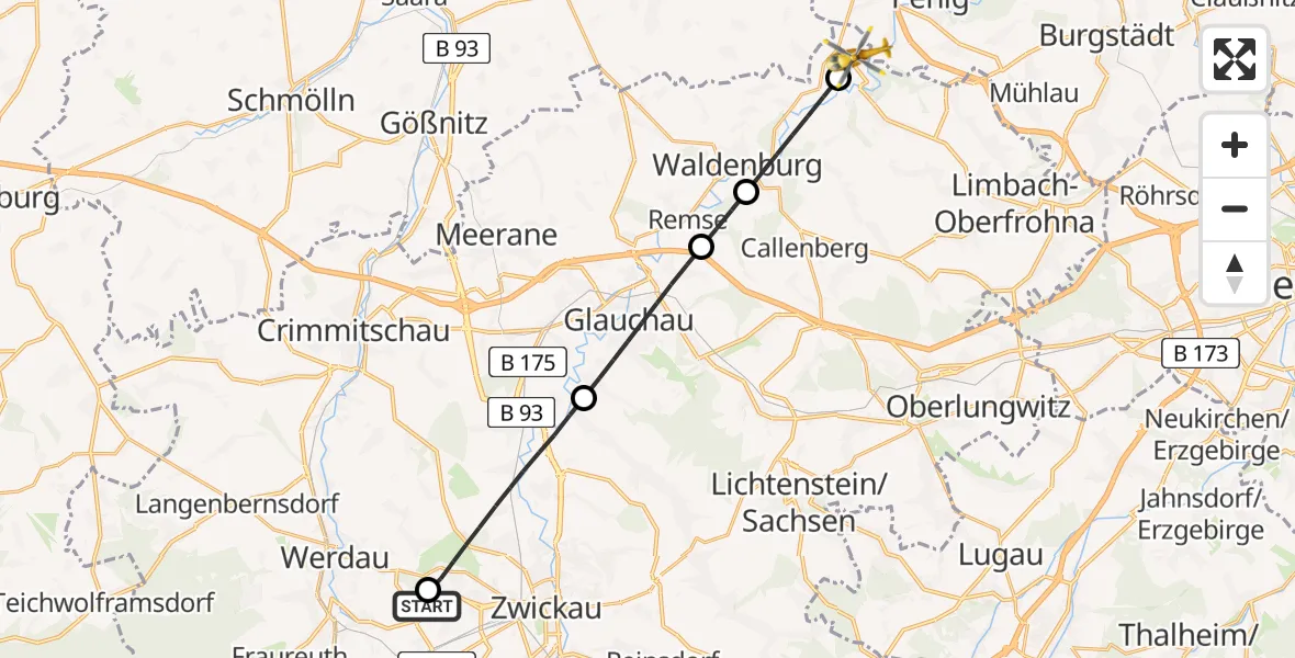 Flugroute Rettungshubschrauber ADAC Air Rescue Station Zwickau Hubschrauberlandeplatz - Limbach-Oberfrohna, 24 April 2026, 12:27
