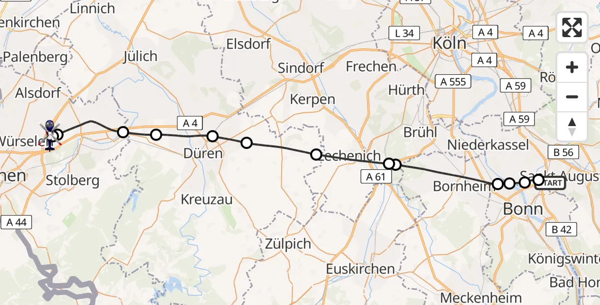 Flugroute Polizeihubschrauber Sankt Augustin - Aachen-Merzbrück Flughafen, 24 April 2026, 12:30
