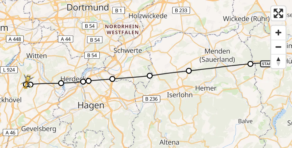 Flugroute Rettungshubschrauber Arnsberg - Witten, 24 April 2026, 12:30