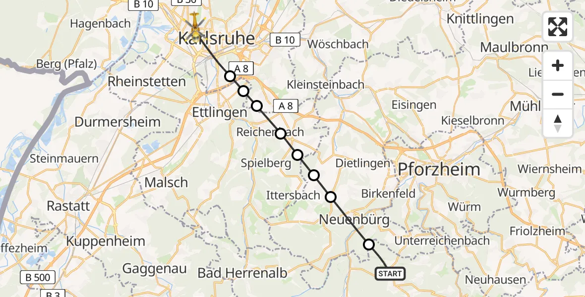Flugroute Rettungshubschrauber Schömberg - Karlsruhe, 24 April 2026, 12:31
