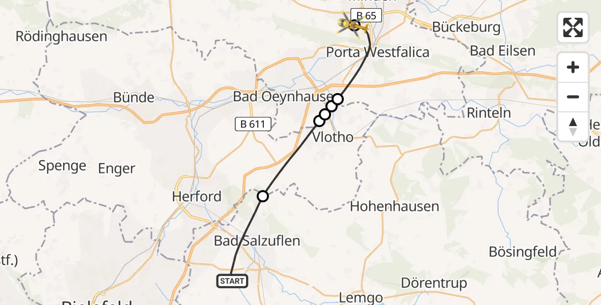Flugroute Rettungshubschrauber Bad Salzuflen - Minden, 24 April 2026, 12:44