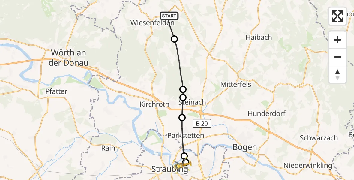 Flugroute Rettungshubschrauber Wiesenfelden - Sankt Elisabeth Hospital Straubing, 24 April 2026, 12:50