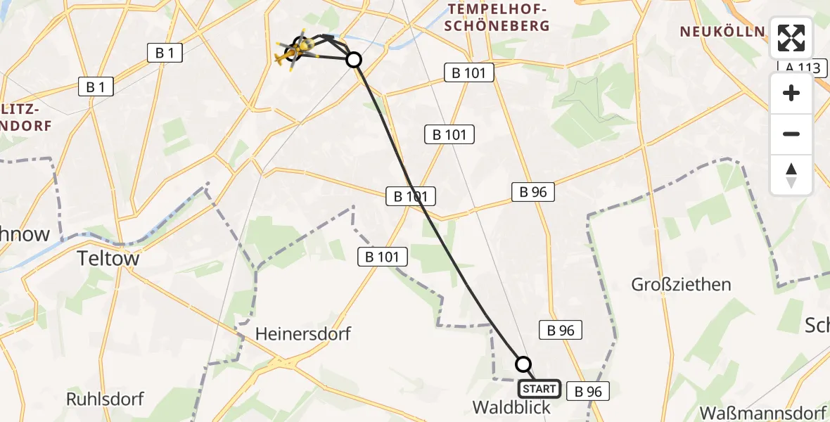 Flugroute Rettungshubschrauber Blankenfelde-Mahlow - Charité Clinic Benjamin Franklin Campus, 24 April 2026, 12:56