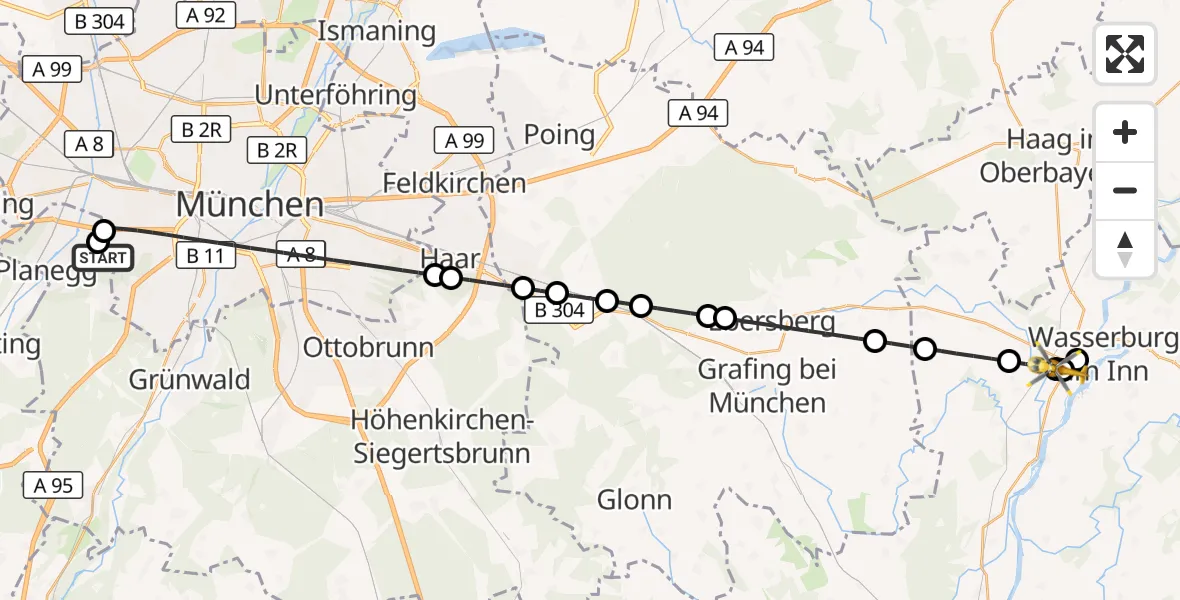 Flugroute Rettungshubschrauber DRF Air Rescue München Hubschrauberlandeplatz - Wasserburg a.Inn, 24 April 2026, 12:58