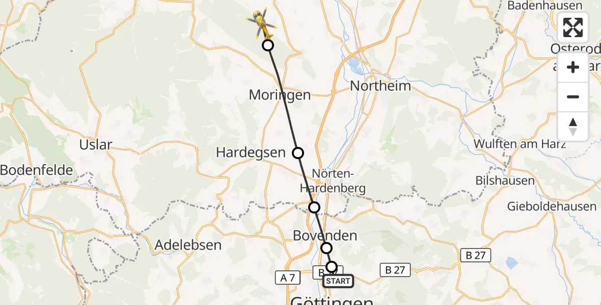 Flugroute Rettungshubschrauber Göttingen University Clinic Hubschrauberlandeplatz - Einbeck, 24 April 2026, 13:03