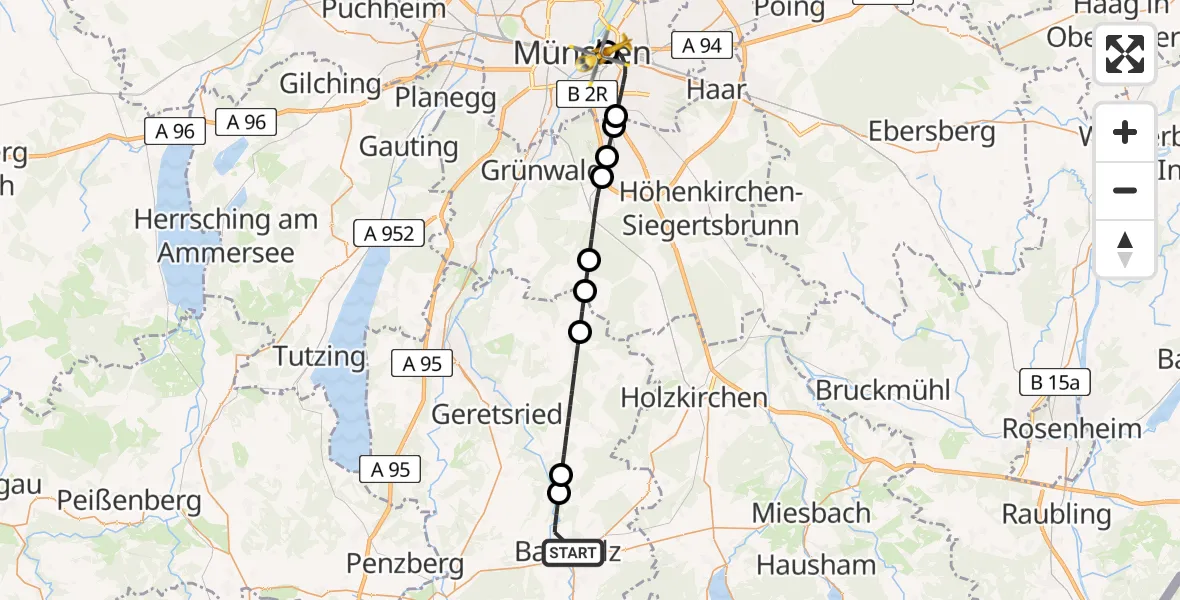 Flugroute Rettungshubschrauber Bad Tölz - Rechts der Isar University Hospital, 24 April 2026, 13:05