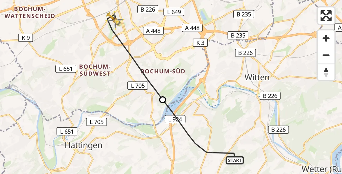 Flugroute Rettungshubschrauber Witten - Bochum, 24 April 2026, 13:12