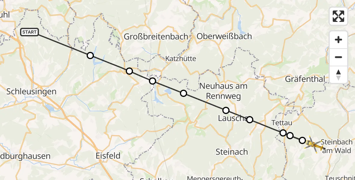 Flugroute Rettungshubschrauber Schleusingen - Steinbach a.Wald, 24 April 2026, 13:15
