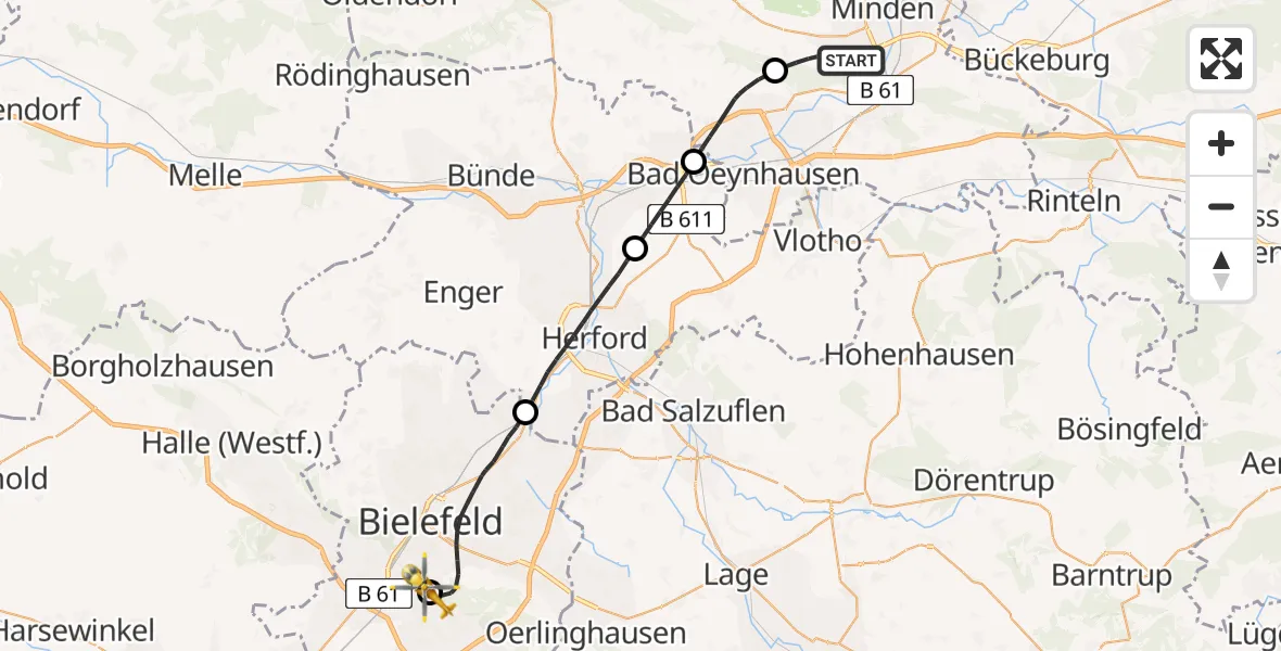 Flugroute Rettungshubschrauber Minden - Luftrettungszentrum Bielefeld, 24 April 2026, 13:25