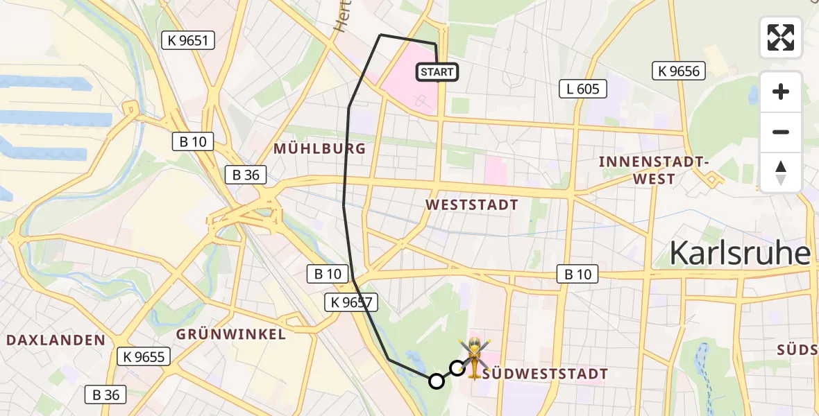 Flugroute Rettungshubschrauber Karlsruhe - Sankt Vincentius Hospital, 24 April 2026, 13:26