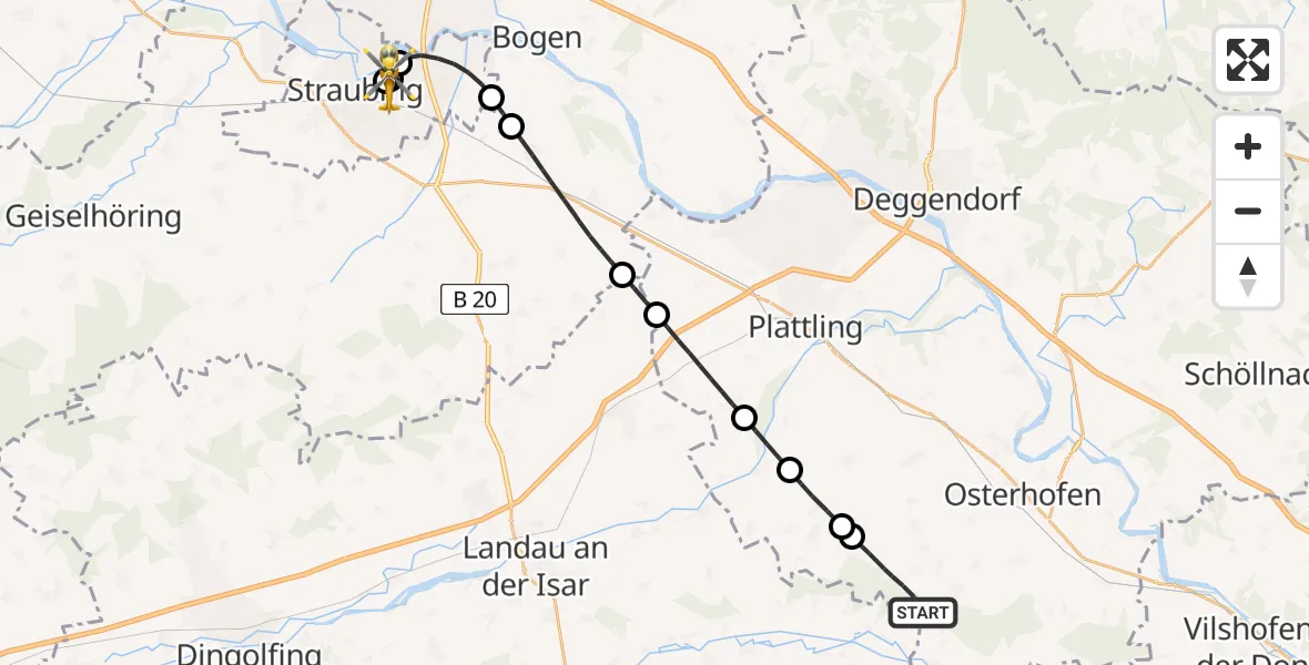 Flugroute Rettungshubschrauber Osterhofen - Sankt Elisabeth Hospital Straubing, 24 April 2026, 13:35