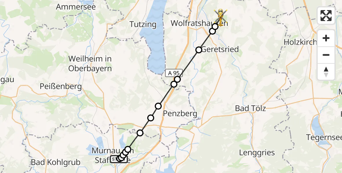 Flugroute Rettungshubschrauber Murnau Accident Hospital - Egling, 24 April 2026, 13:36