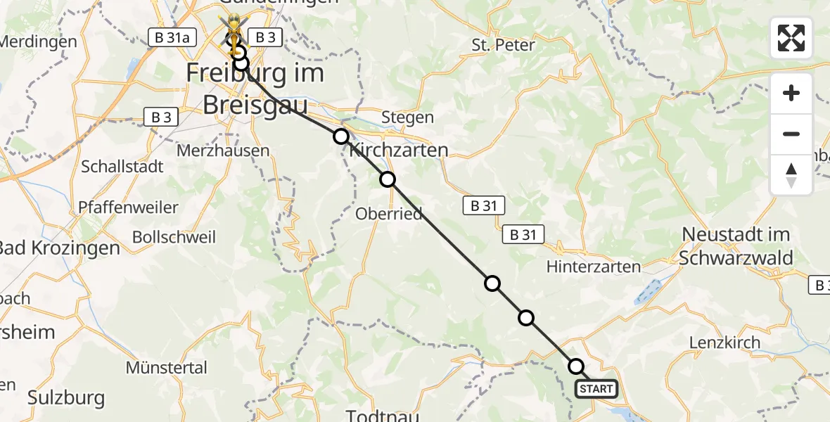 Flugroute Ambulanzhubschrauber Schluchsee - Freiburg im Breisgau Flugplatz, 24 April 2026, 13:37