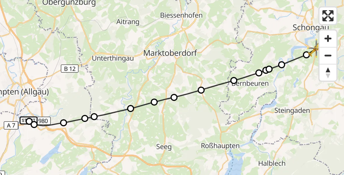 Flugroute Rettungshubschrauber Kempten-Durach Flugplatz - Peiting, 24 April 2026, 13:37