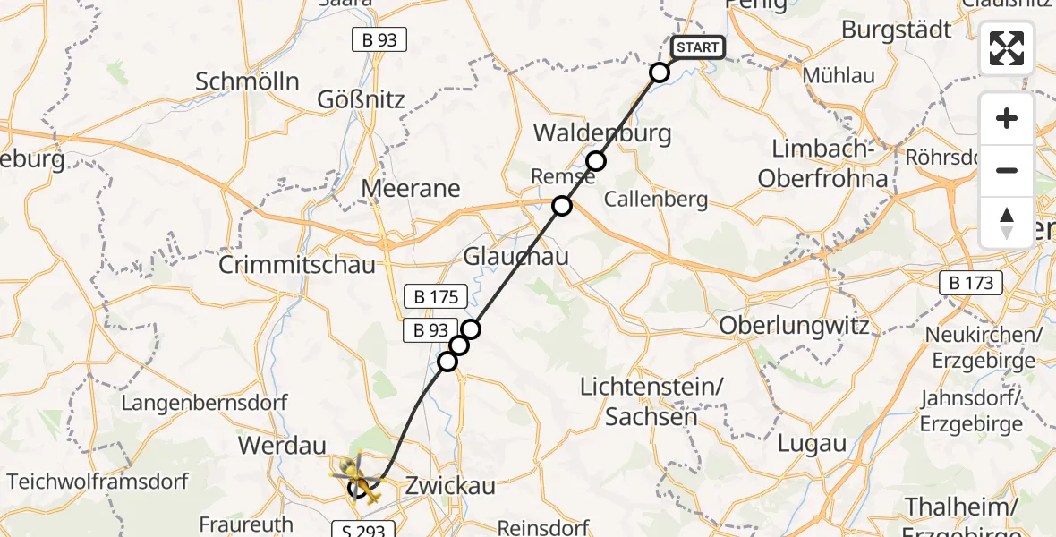 Flugroute Rettungshubschrauber Limbach-Oberfrohna - ADAC Air Rescue Station Zwickau Hubschrauberlandeplatz, 24 April 2026, 13:41
