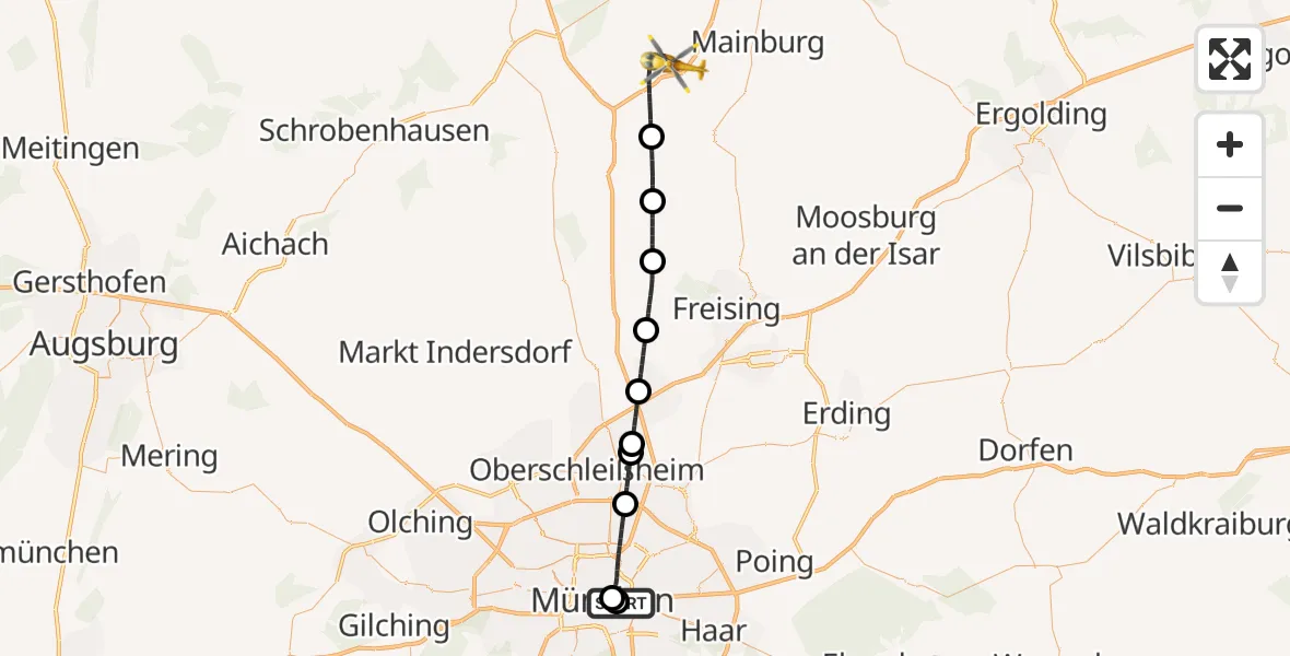 Flugroute Rettungshubschrauber Rechts der Isar University Hospital - Wolnzach, 24 April 2026, 13:44