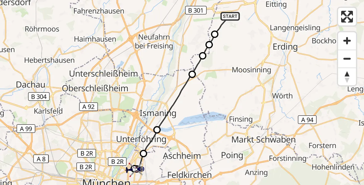 Flugroute Polizeihubschrauber München Flughafen - München Bogenhausen Hospital, 24 April 2026, 13:45