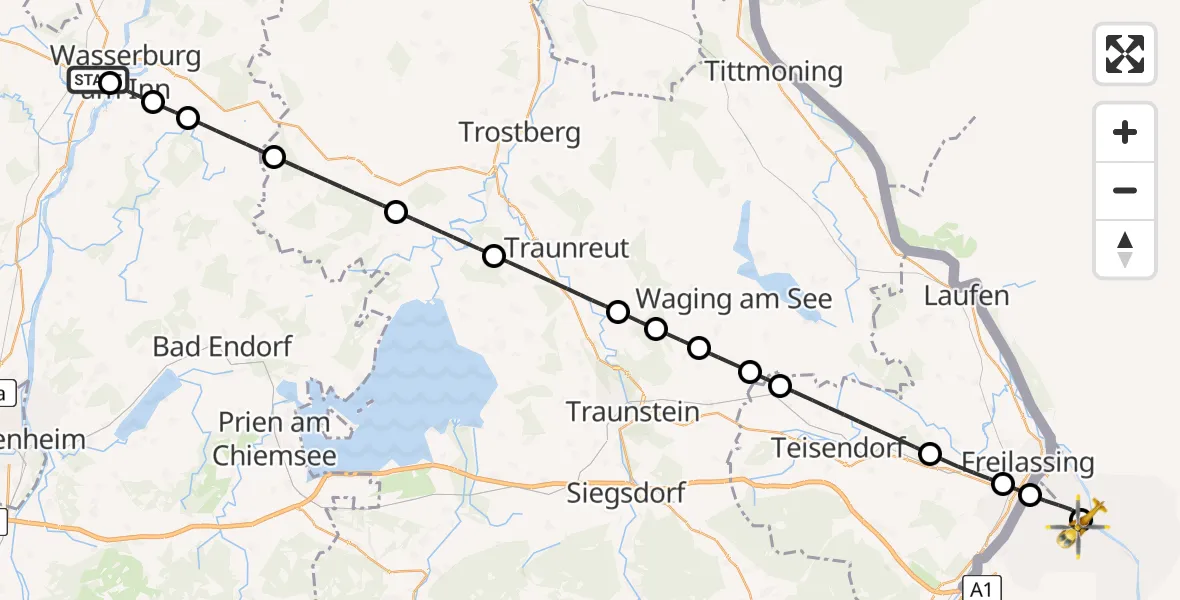 Flugroute Rettungshubschrauber RoMed Hospital Wasserburg - Dachlandeplatz Heliport, 24 April 2026, 13:53