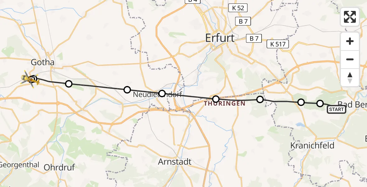 Flugroute Ambulanzhubschrauber Bad Berka - Helios Clinic Gotha, 24 April 2026, 13:59