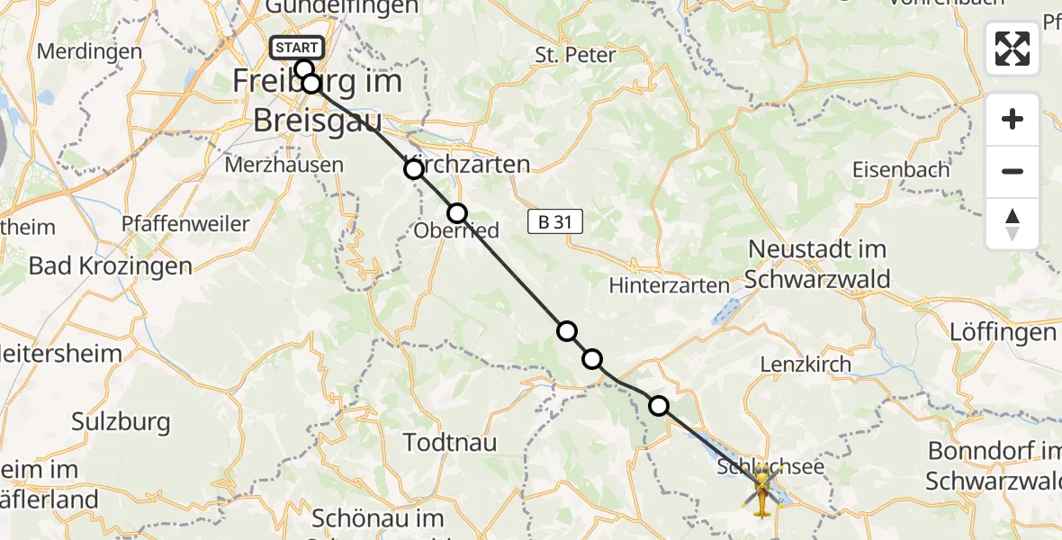 Flugroute Ambulanzhubschrauber Freiburg im Breisgau Flugplatz - Schluchsee, 24 April 2026, 14:01