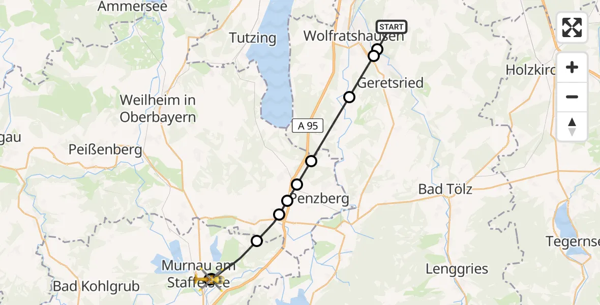 Flugroute Rettungshubschrauber Egling - Murnau Accident Hospital, 24 April 2026, 14:04