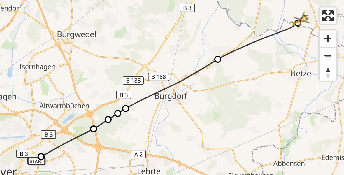 Flugroute Rettungshubschrauber Hannover Luftrettung Hubschrauberlandeplatz (Christoph 4) - Bröckel, 24 April 2026, 14:06